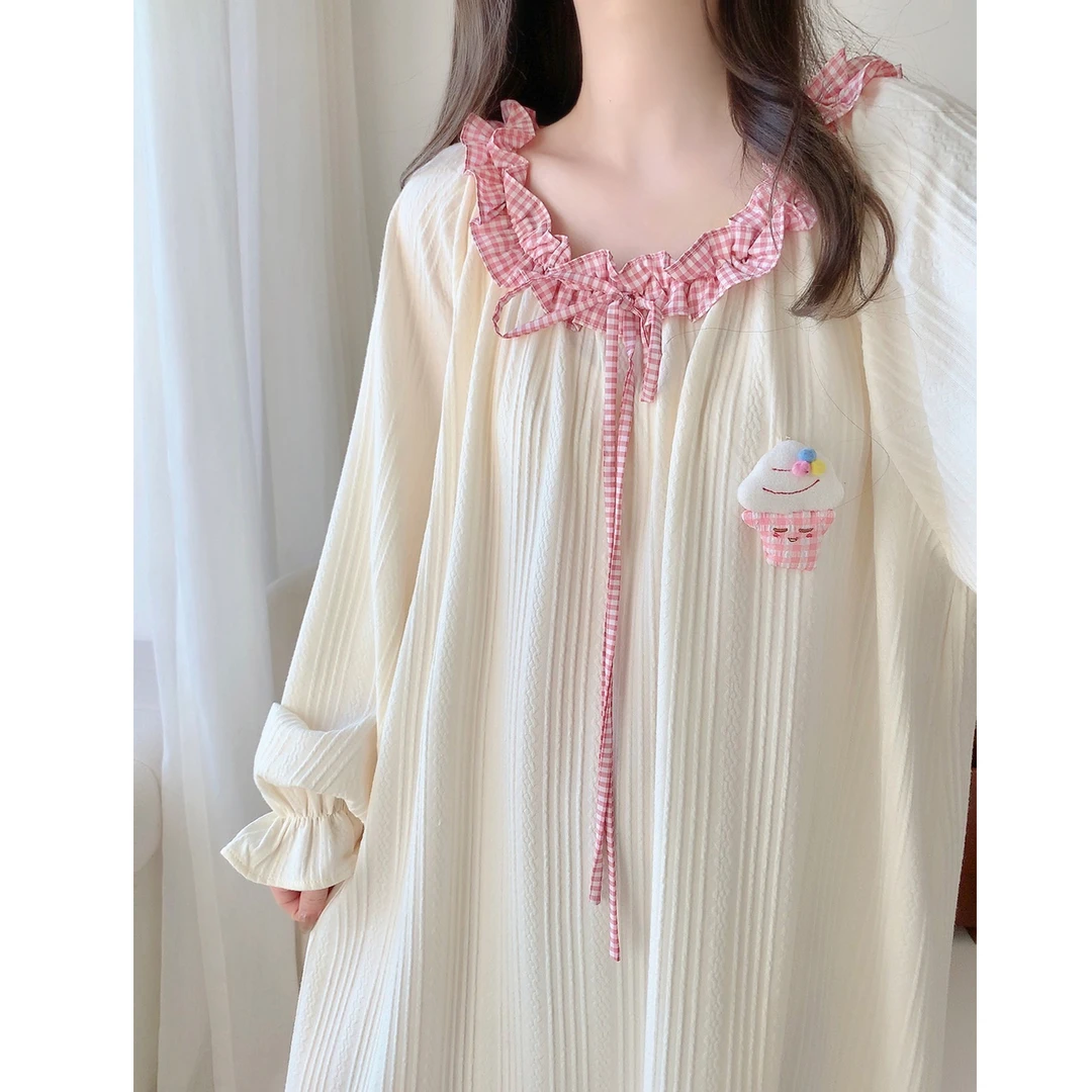 可爱甜美公主风睡裙女春秋季长袖纯棉中长款睡衣宽松孕妇家居服