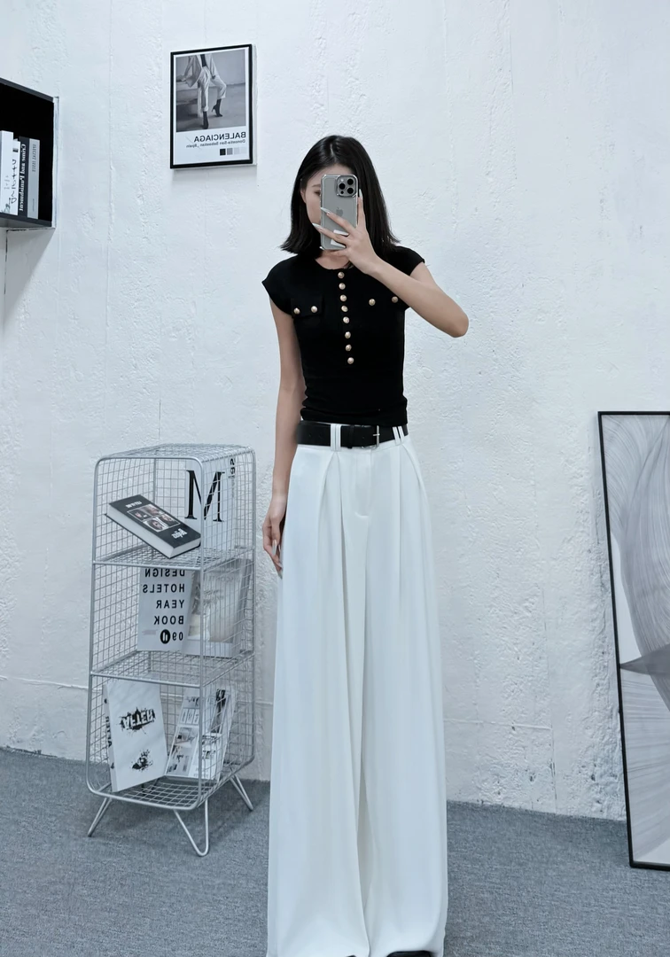 现货送皮带阔腿裤女夏冰丝新款高腰宽松显瘦垂感休闲拖地长裤8695