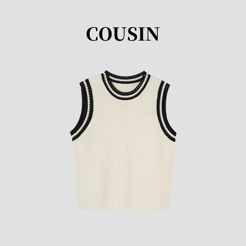 D.cousin 韩式圆领撞色学院风针织无袖背心 2289