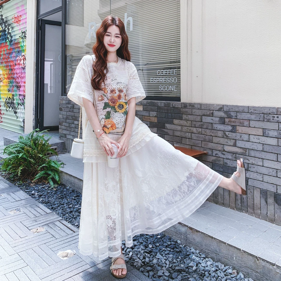 向日葵印花镂空蕾丝上衣半身裙两件套女夏韩系ootd穿搭气质套装裙