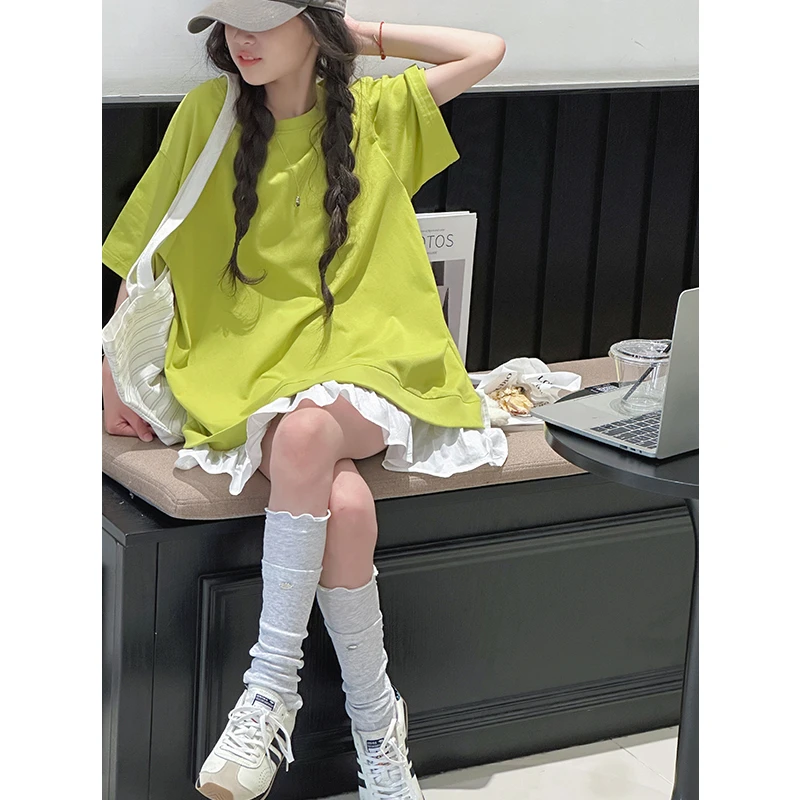 K28957慵懒拼接女童夏装连衣裙2025新款儿童休闲短袖裙子T恤裙潮