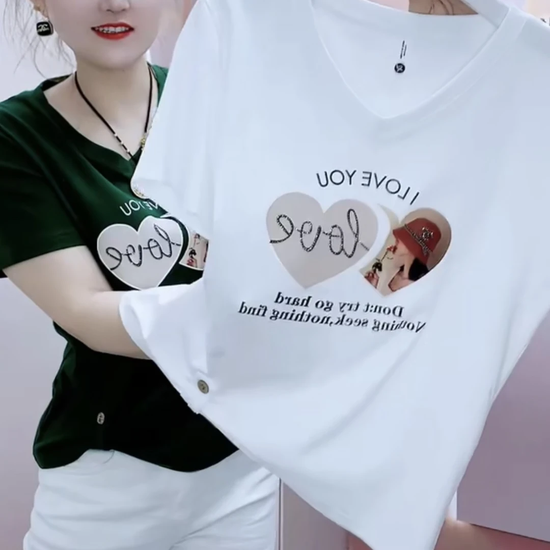心形V领U型领半袖T恤宽松型镶钻显瘦减龄短袖圆领