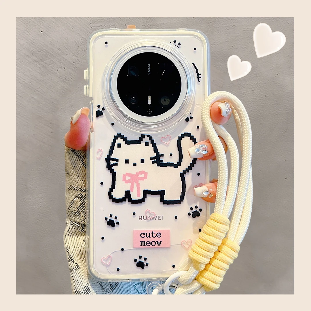适用华为mate70pro+新款手机壳mate60/50pro卡通可爱马赛克猫咪pu