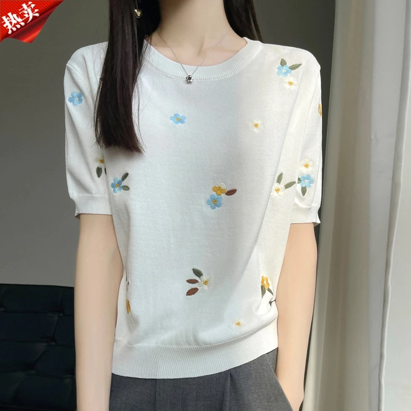 时尚女装品牌常规纯色薄款夏季针织衫百搭春夏宽松提花减龄印花