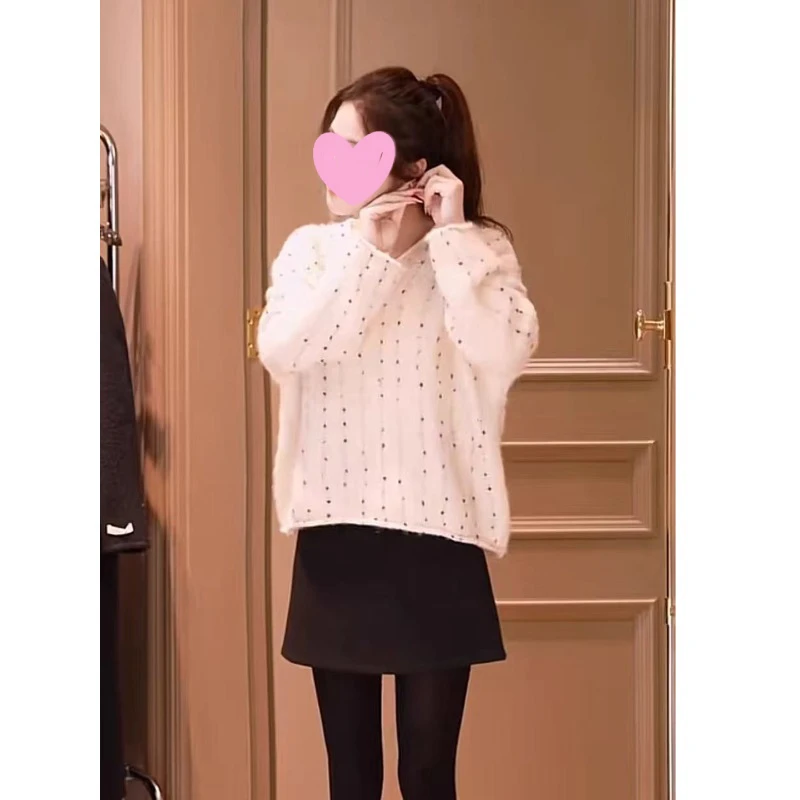 张元一同款女装秋季白色亮片套头软糯温柔百搭针织衫法式气质上衣