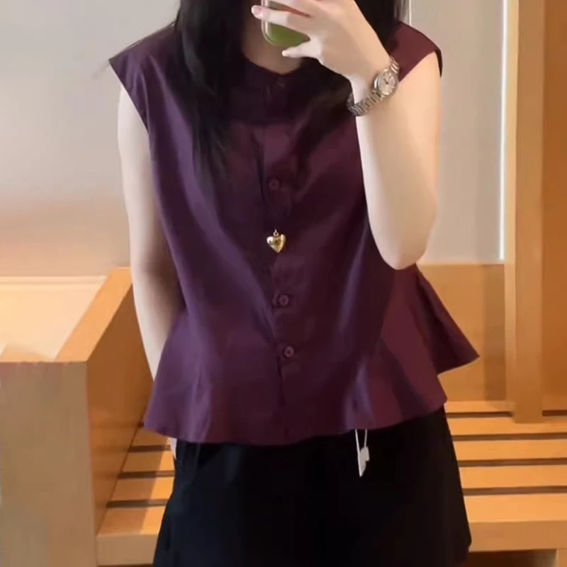 2025夏季新款紫色圆领无袖衬衫女宽松显瘦减龄遮肚高级感时尚上衣