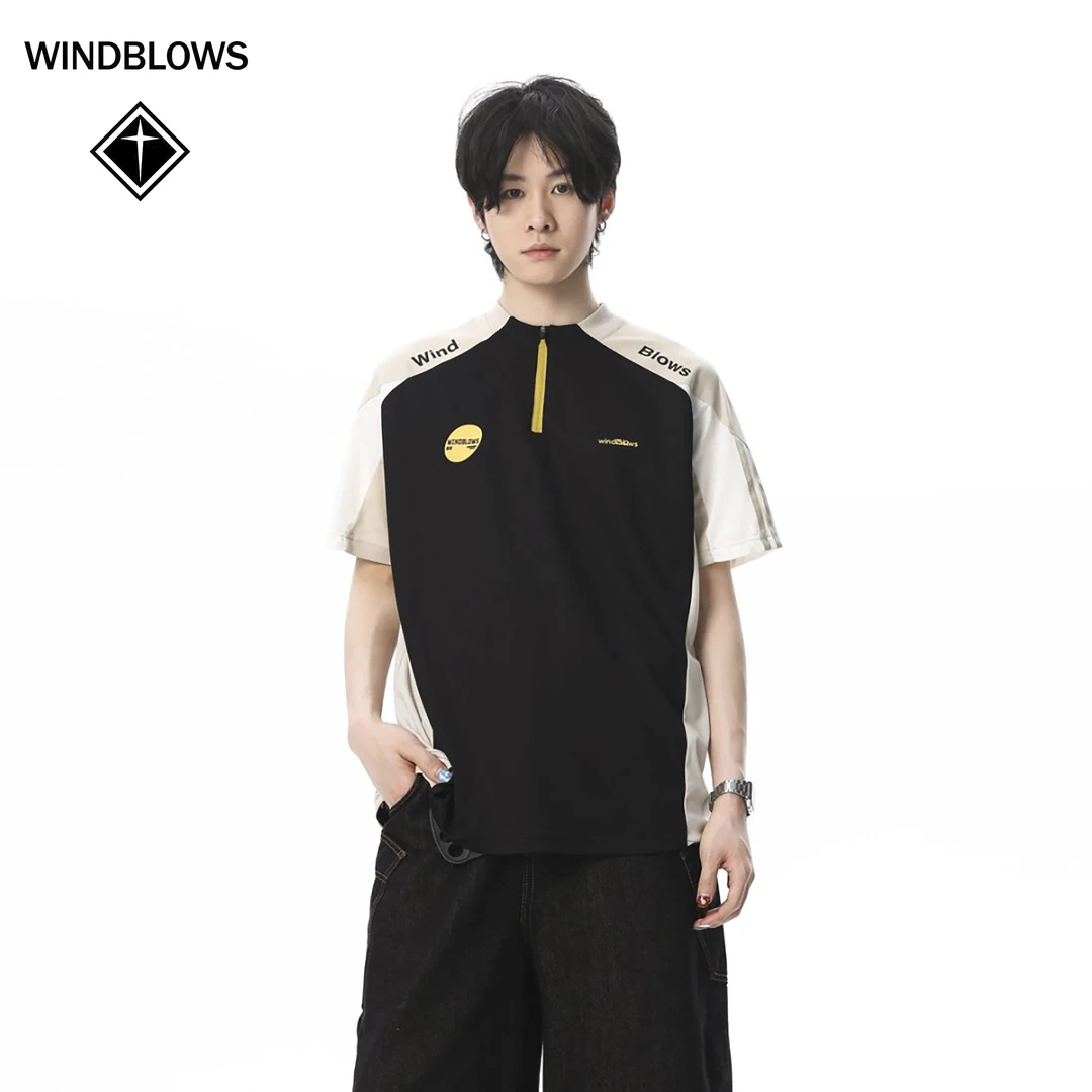 WIND BLOWS2025夏季250g半拉链撞色拼接户外运动凉感球衣短袖