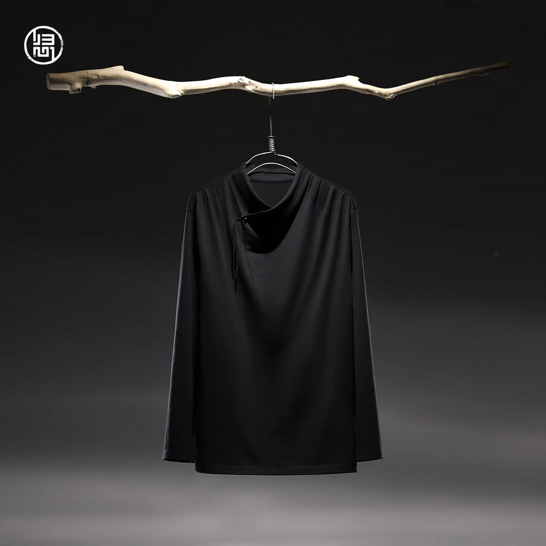 归心男装 秋季新中式汉服交叠高领长袖100%美丽奴绵羊毛T恤羊毛衫