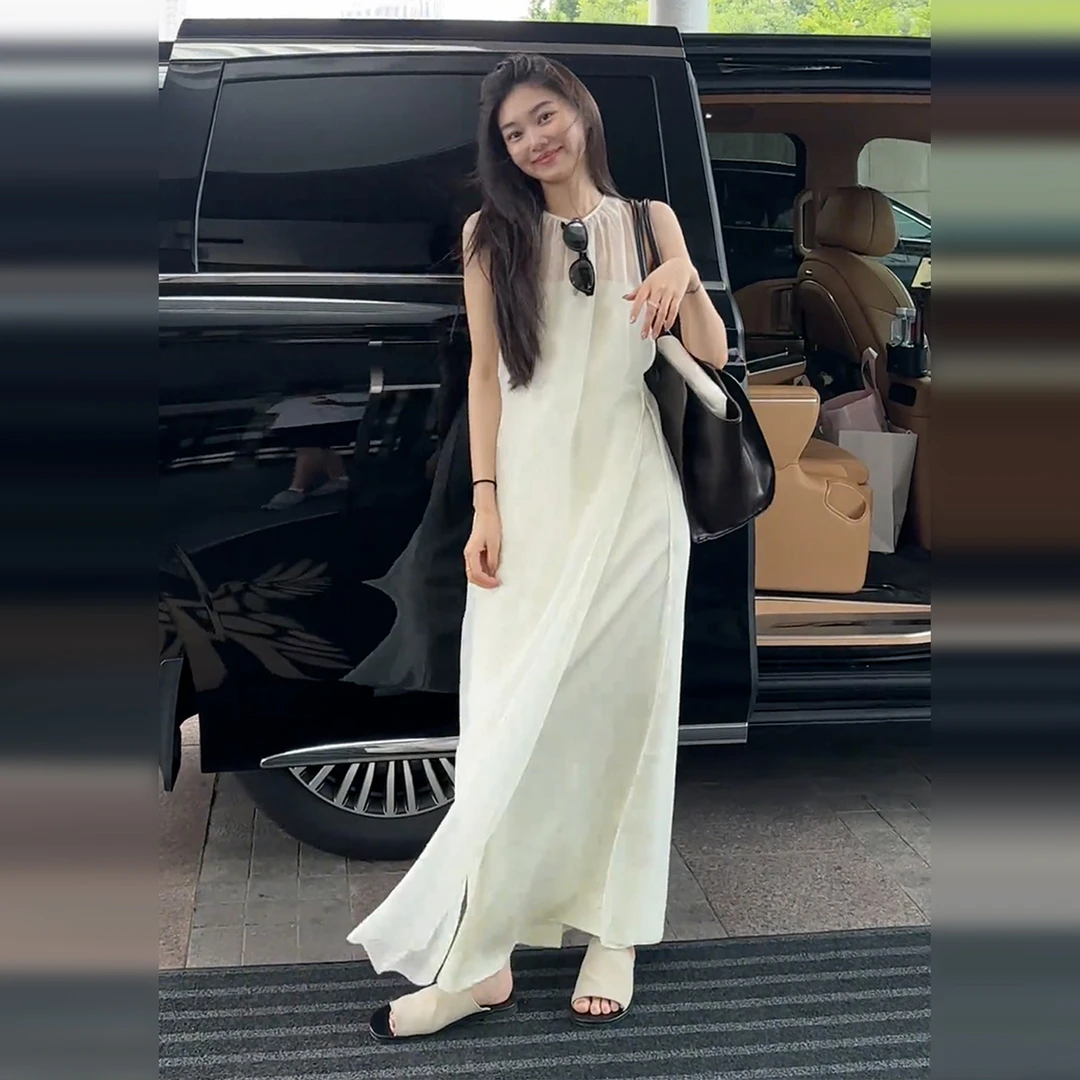 法式无袖白色吊带背心连衣裙子女夏2025新款爆款海边度假沙滩长裙