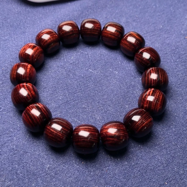 海南黄花梨紫油梨老料，紫红底大黑线顺纹1.2cm*1.3cm老型佛珠手串