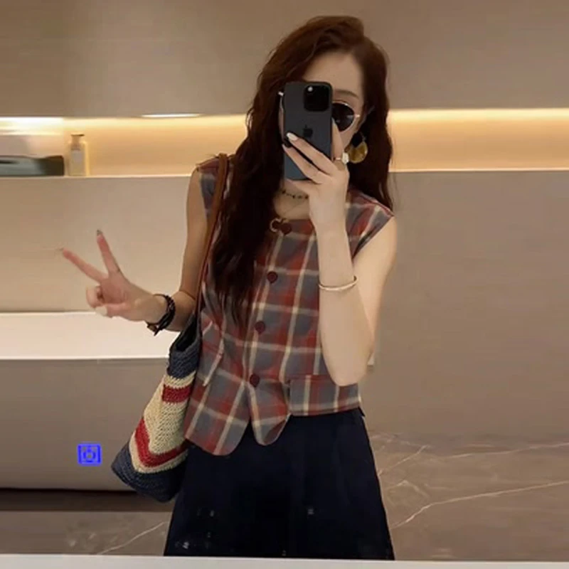 彩色格子坎肩马甲女款2025新款夏季薄款单排扣无袖小马夹背心上衣