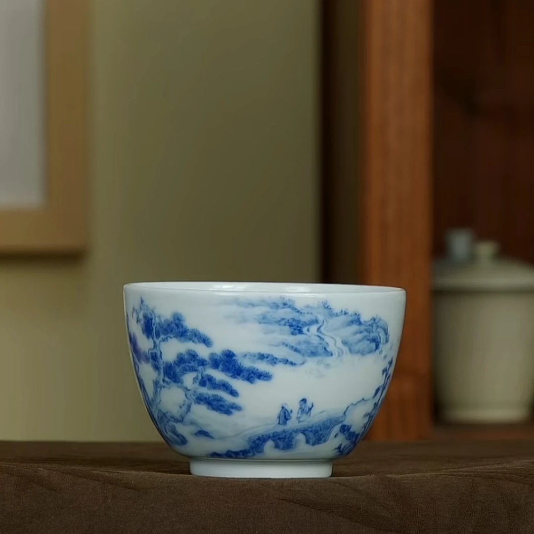 忘言青花松亭观瀑品杯陶瓷主人杯独家鸡缸杯