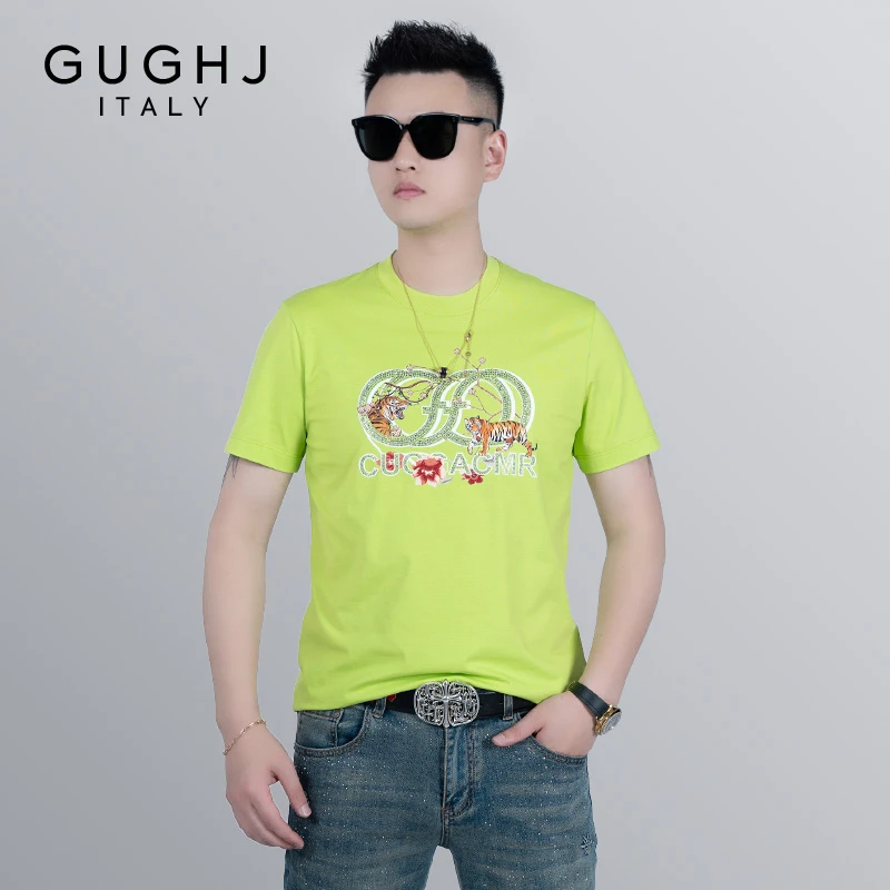 欧货2025夏季新款男士老虎烫钻刺绣T恤潮牌修身百搭圆领短袖男潮