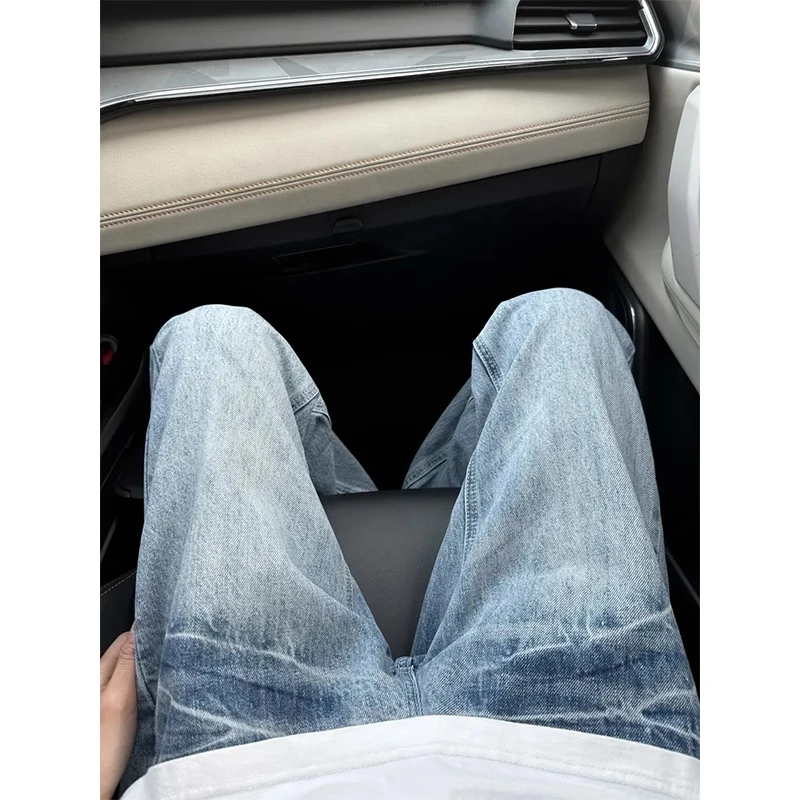 美式cleanfit蓝色闪电纹牛仔裤男款高街vibe裤子宽松直筒微喇长裤
