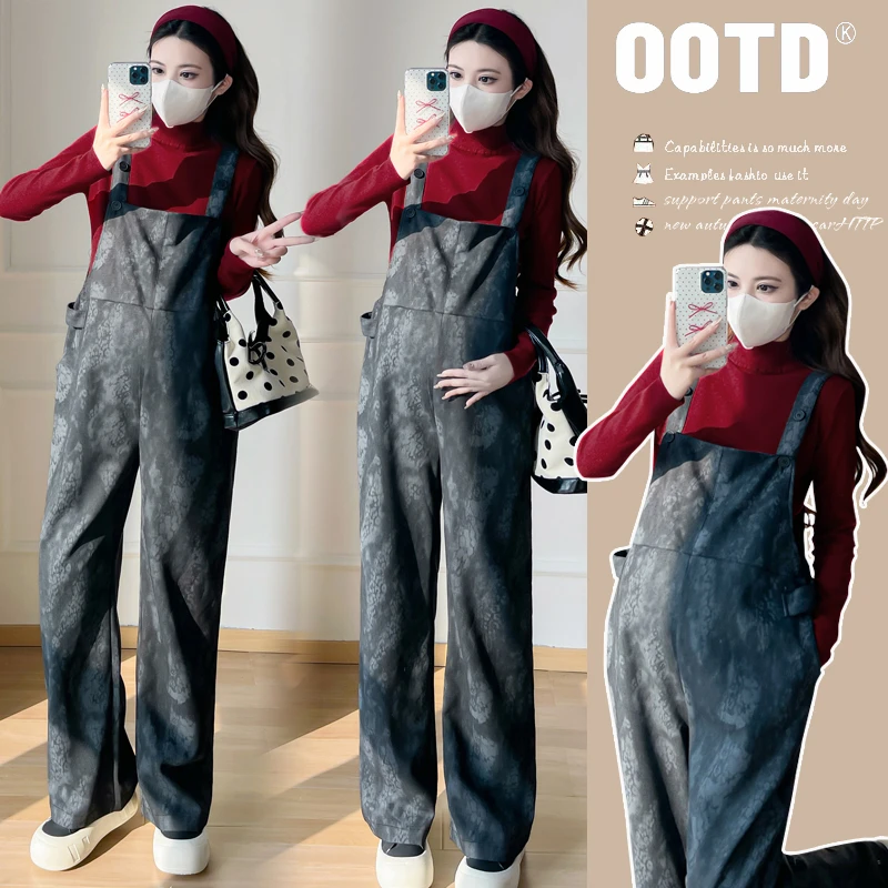 孕妇套装2024冬季加绒宽松显瘦百搭孕妇针织上衣+背带裤前后两穿