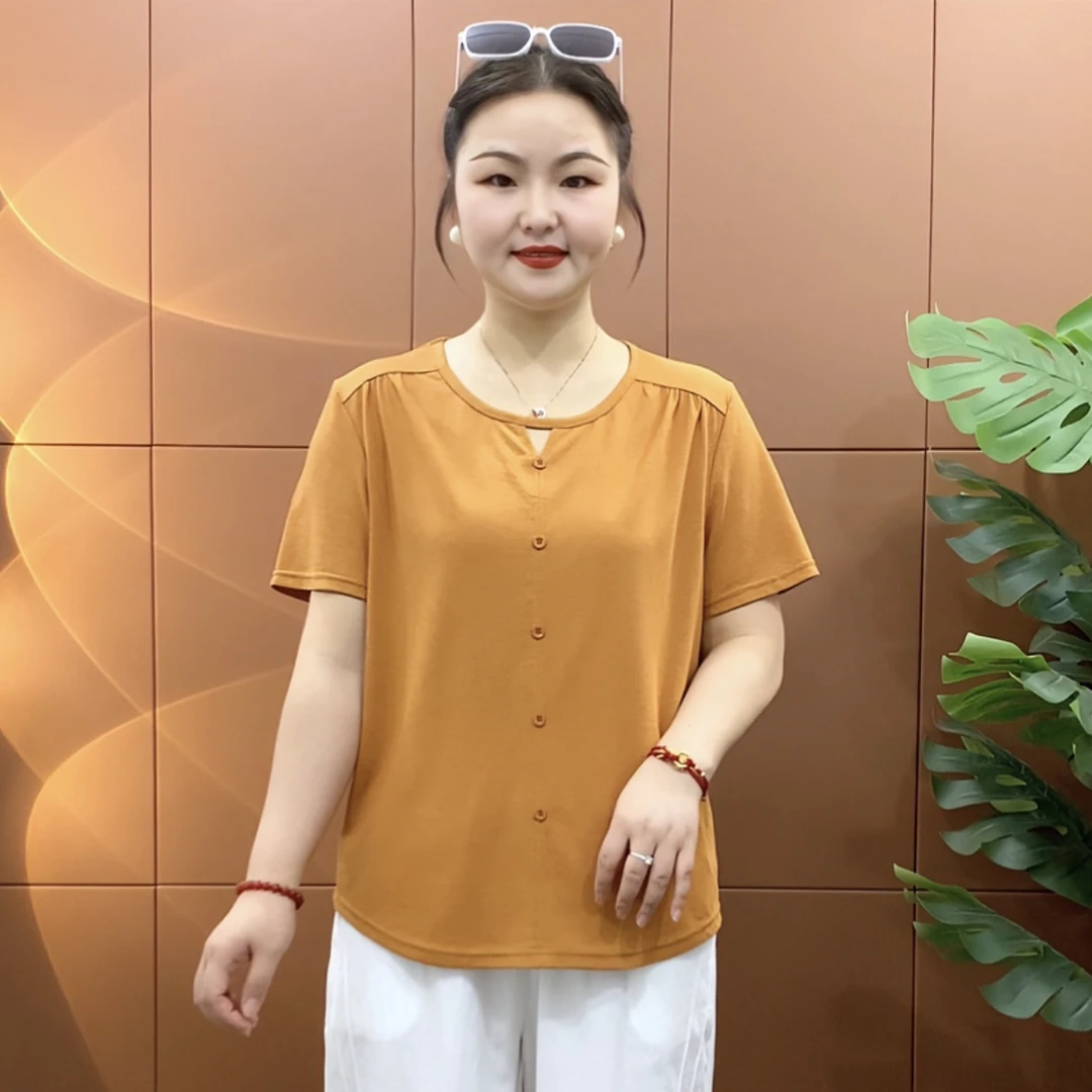 夏季时尚洋气休闲气质宽松大码中老年百搭显瘦圆领纯色中年妈妈装