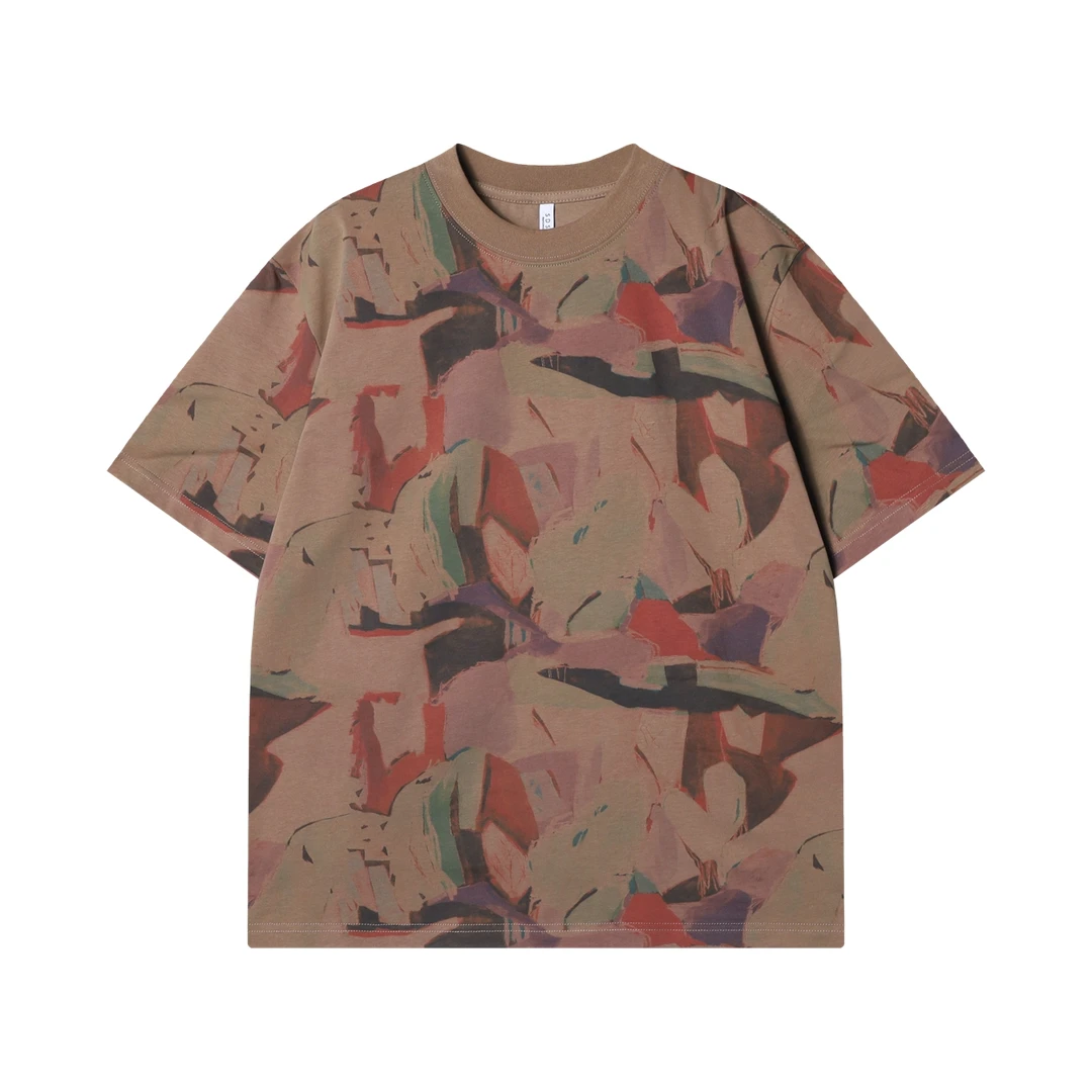 夏季高级感新款美式抽象图案撞色圆领短袖T恤宽松复古男士上衣