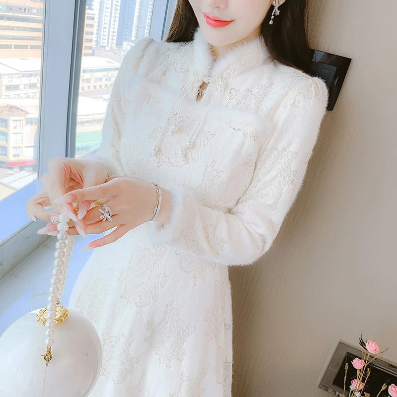 实拍实价 2024年秋冬新款女复古优雅气质改良旗袍蕾丝加绒连衣裙