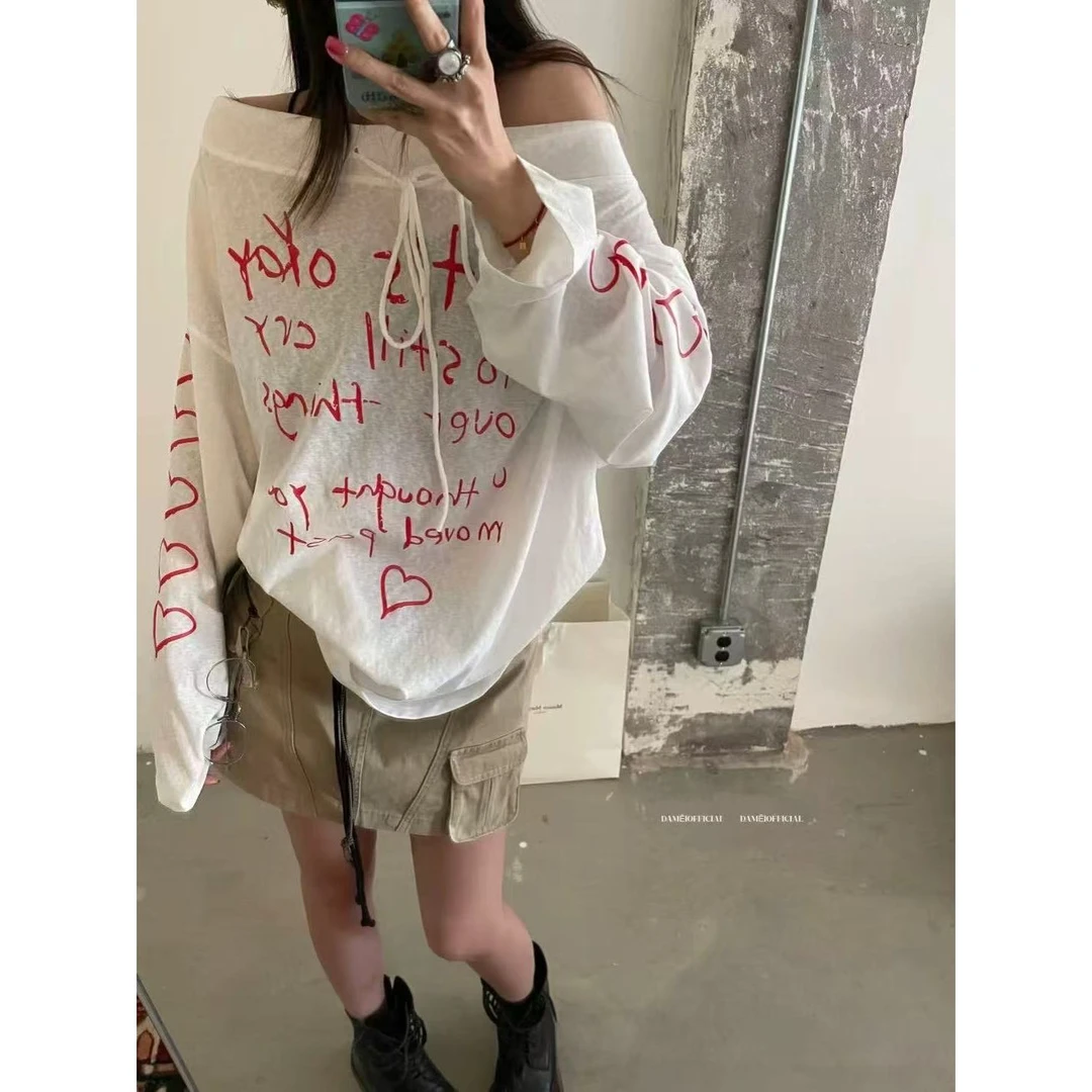 【3】-【心动一夏】韩系一字肩绑带长袖t恤春夏新款慵懒风宽松显瘦