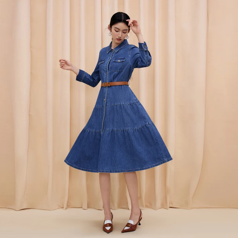 LIME/莱茵春秋长袖商场同款气质牛仔连衣裙舰队蓝色LMFC6BDOP001