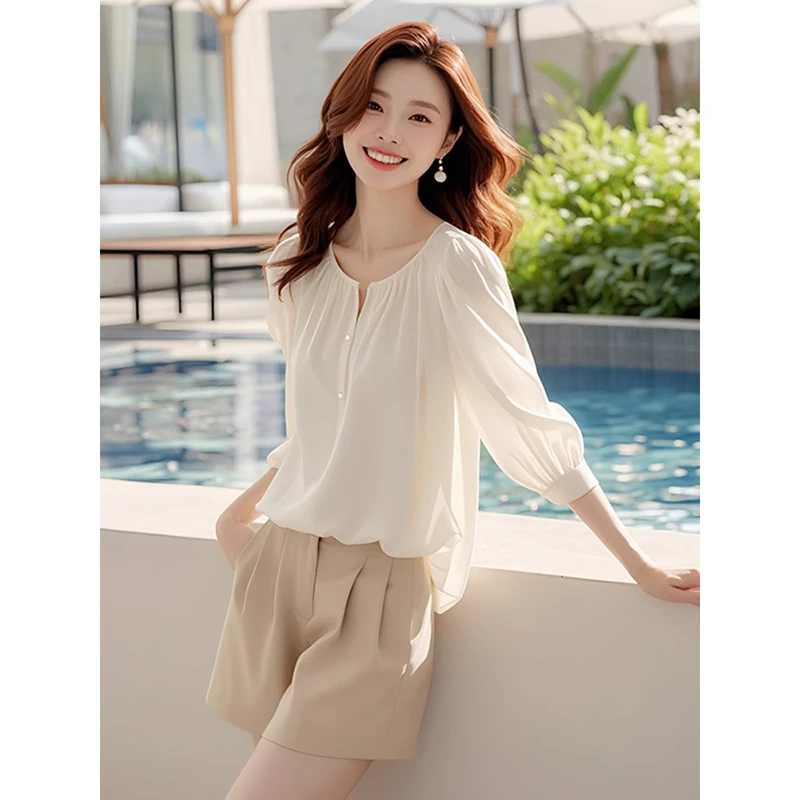 小清新雪纺衬衫女夏季2025新款洋气质时尚宽松衬衣七分袖显瘦上衣