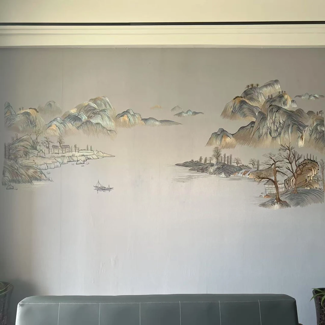 泓伟布艺【彩金版悠然山居图】刺绣工艺客厅玄关茶室电视背景墙定制