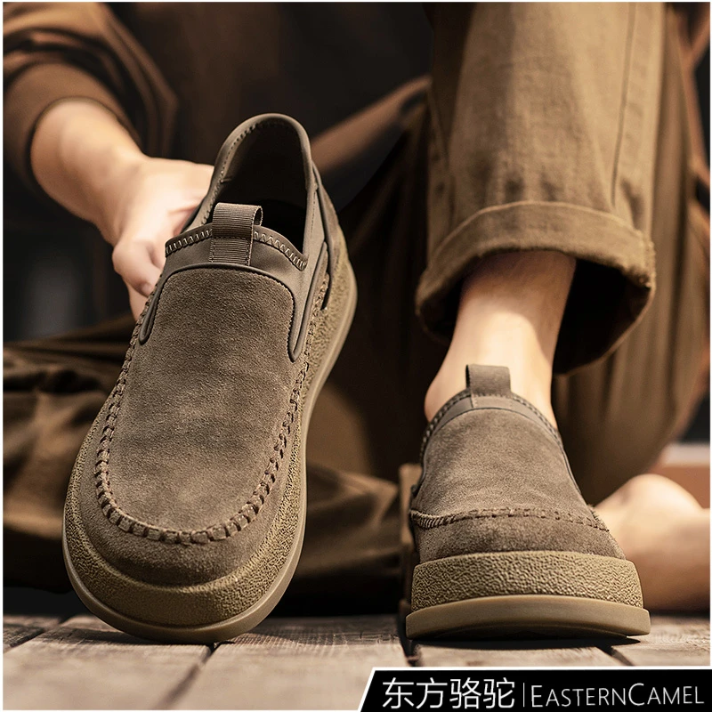 东方骆驼鞋子男潮板鞋秋季新款磨砂皮厚底时尚休闲男鞋复古勃肯鞋