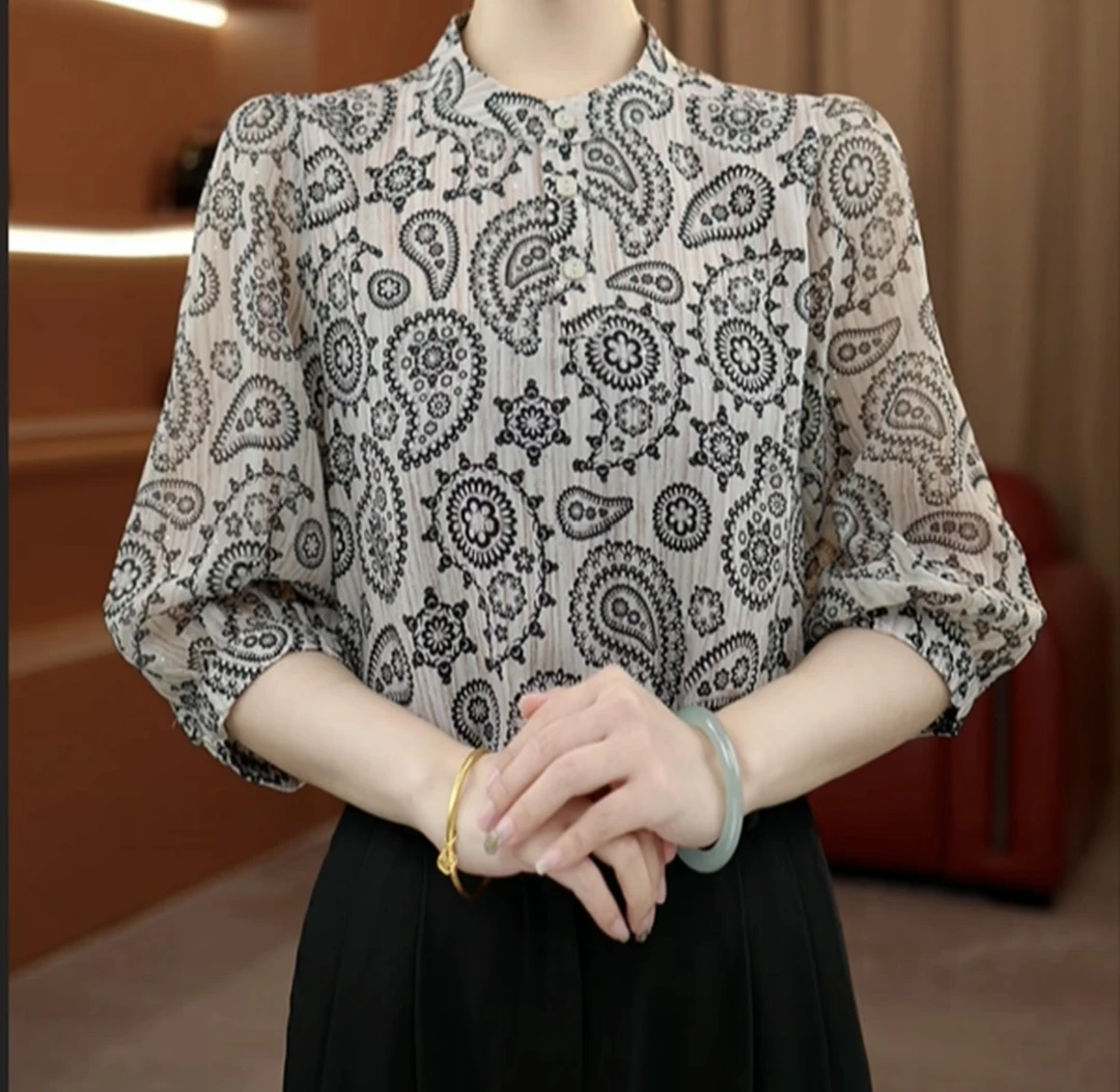 2025洒银工艺七分袖休闲风超仙气质时尚洋气百搭休闲型套头衫0701