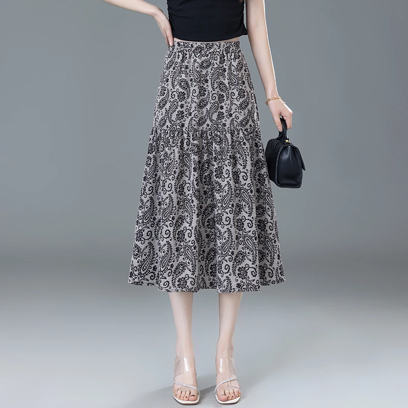 冰丝碎花半身裙女夏季薄款2025新款高腰Aa字中长款雪纺百褶大摆裙