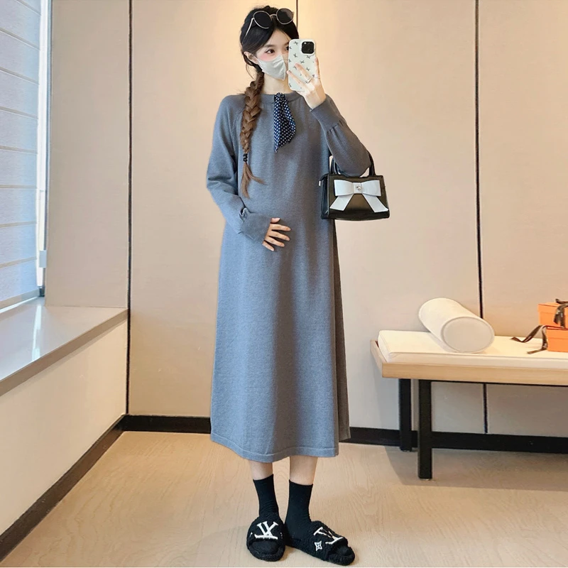 孕妇2026新款秋冬法式减龄高级感穿搭显瘦气质飘带领结长款连衣裙