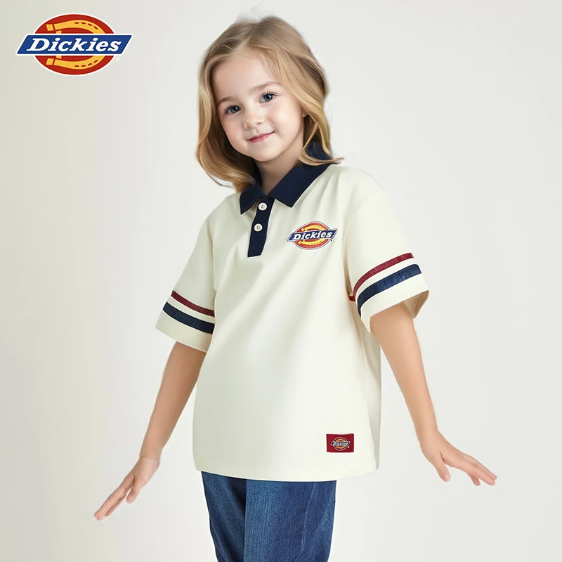 Dickies儿童2025年新款简约百搭条纹POLO衫短袖男女童学院风印花