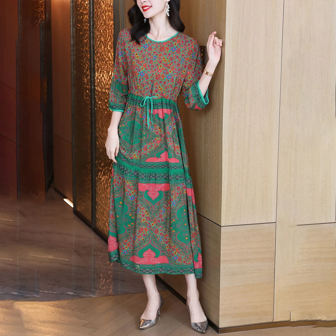 1329 贵夫人气质复古印花连衣裙2025春夏新款宽松显瘦碎花长裙