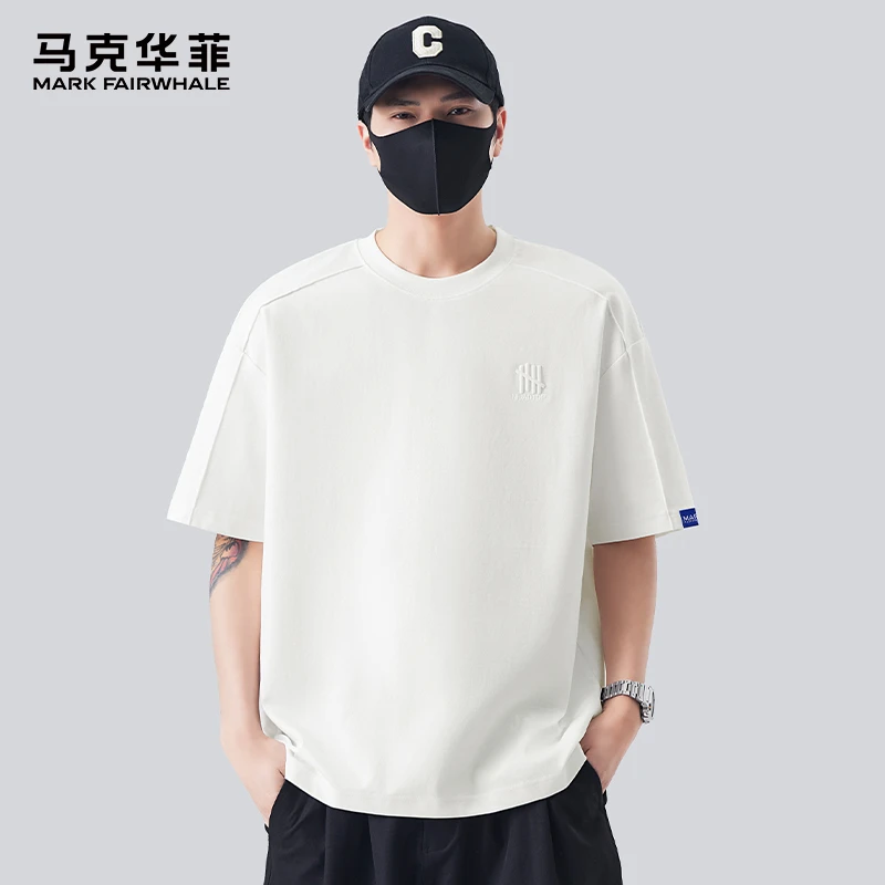 MARK FAIRWHALE/马克华菲极简风结构剪裁纯色刺绣圆领简约短袖t恤
