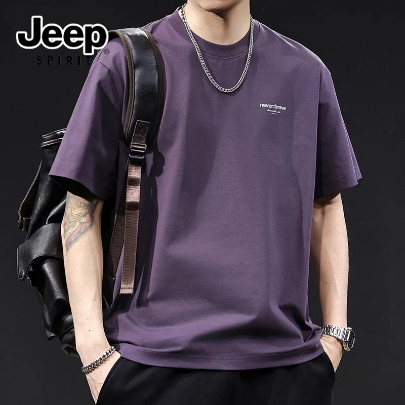 吉普凉感短袖T恤男士夏季新款潮流简约宽松百搭轻奢加大版t恤男