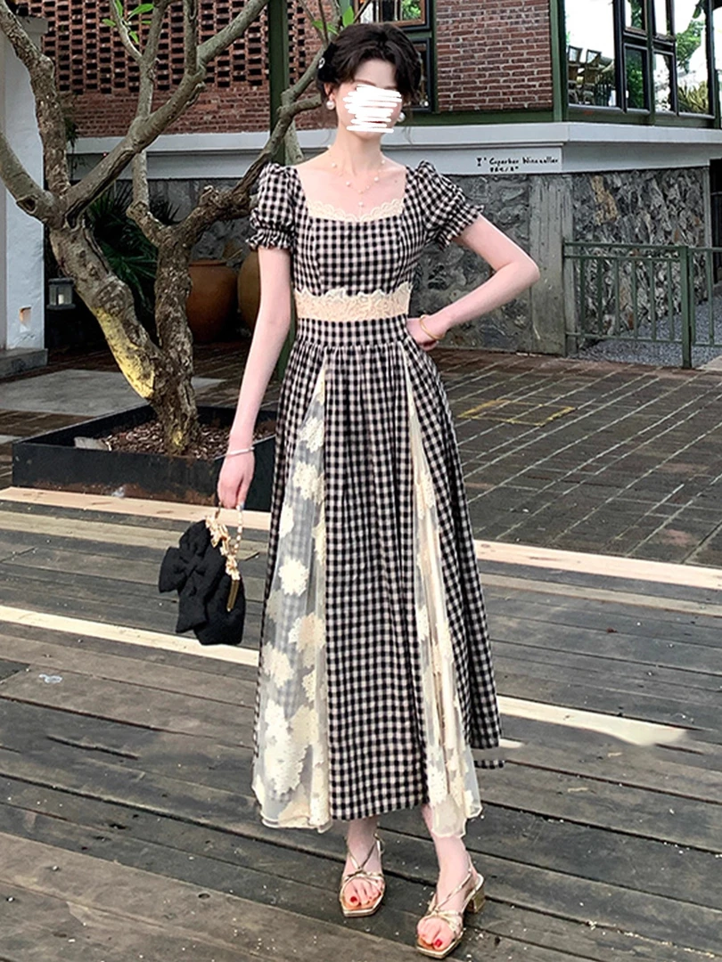 法式复古格子休闲拼接连衣裙女夏2025新款今年流行爆款裙子中长裙
