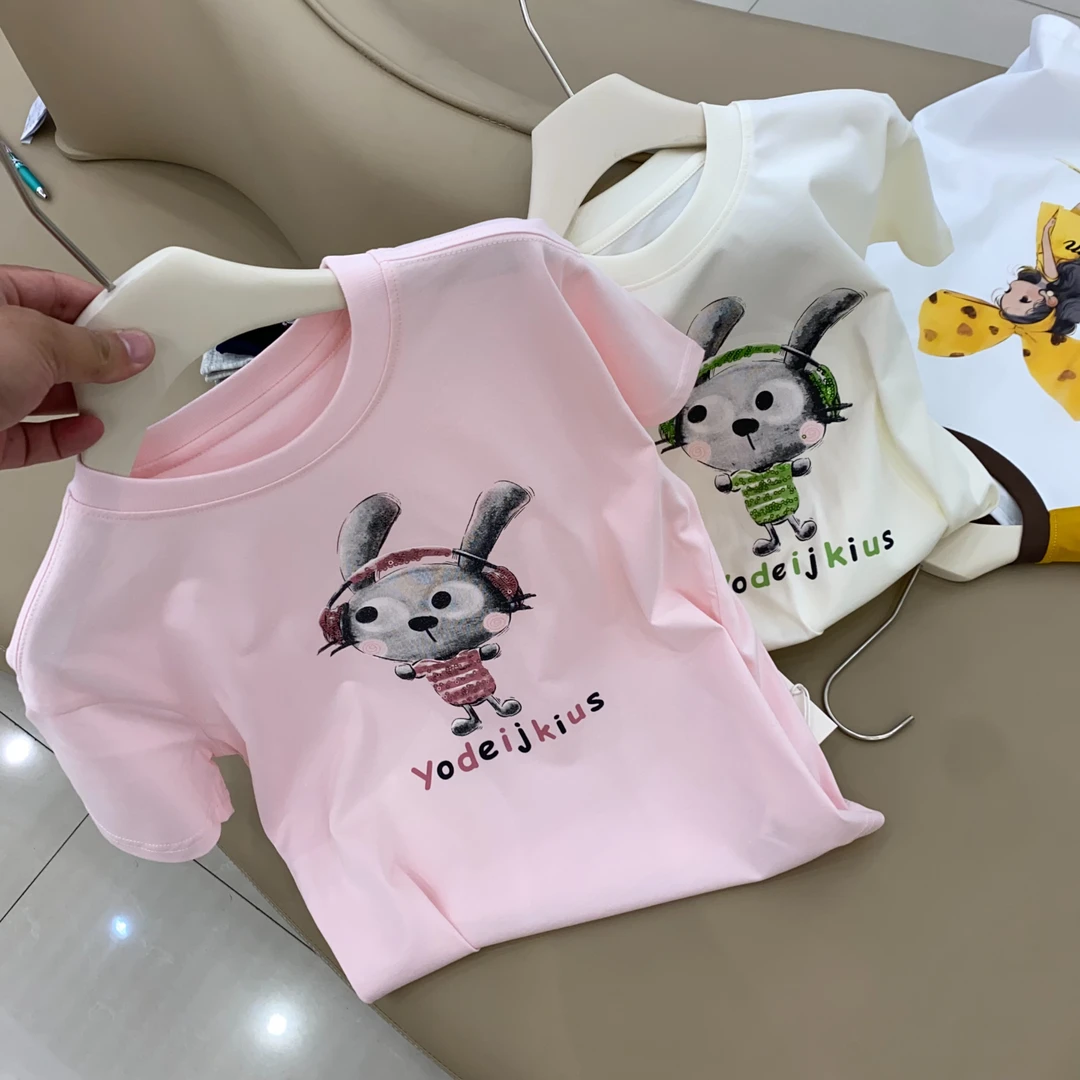 卡通印花短袖上衣宽松女童休闲夏耳机绣花女童T恤