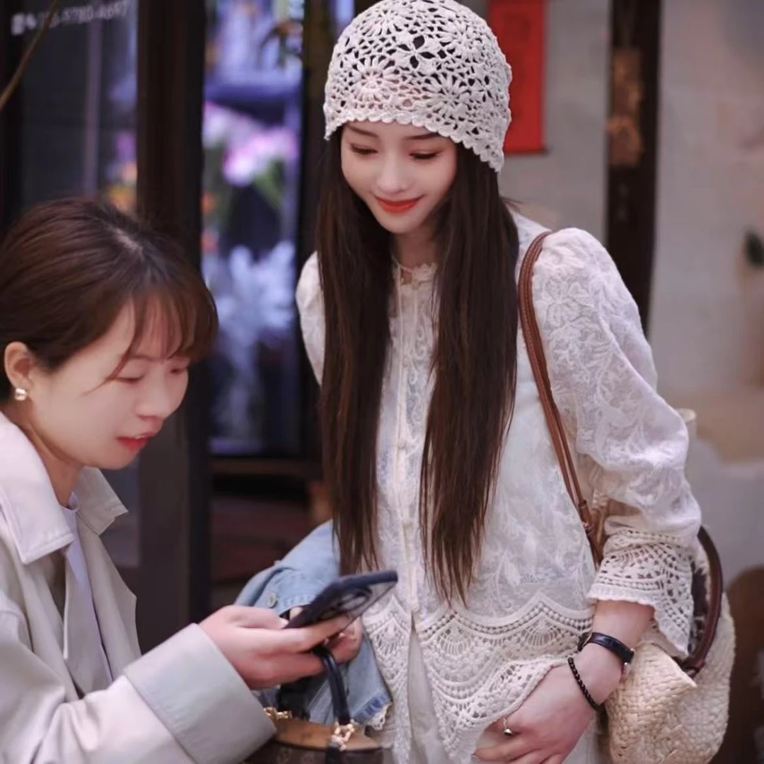 华丽微微【雾纱】春季新款蕾丝钩花镂空圆领蕾丝打底W1408-欧韩穿搭