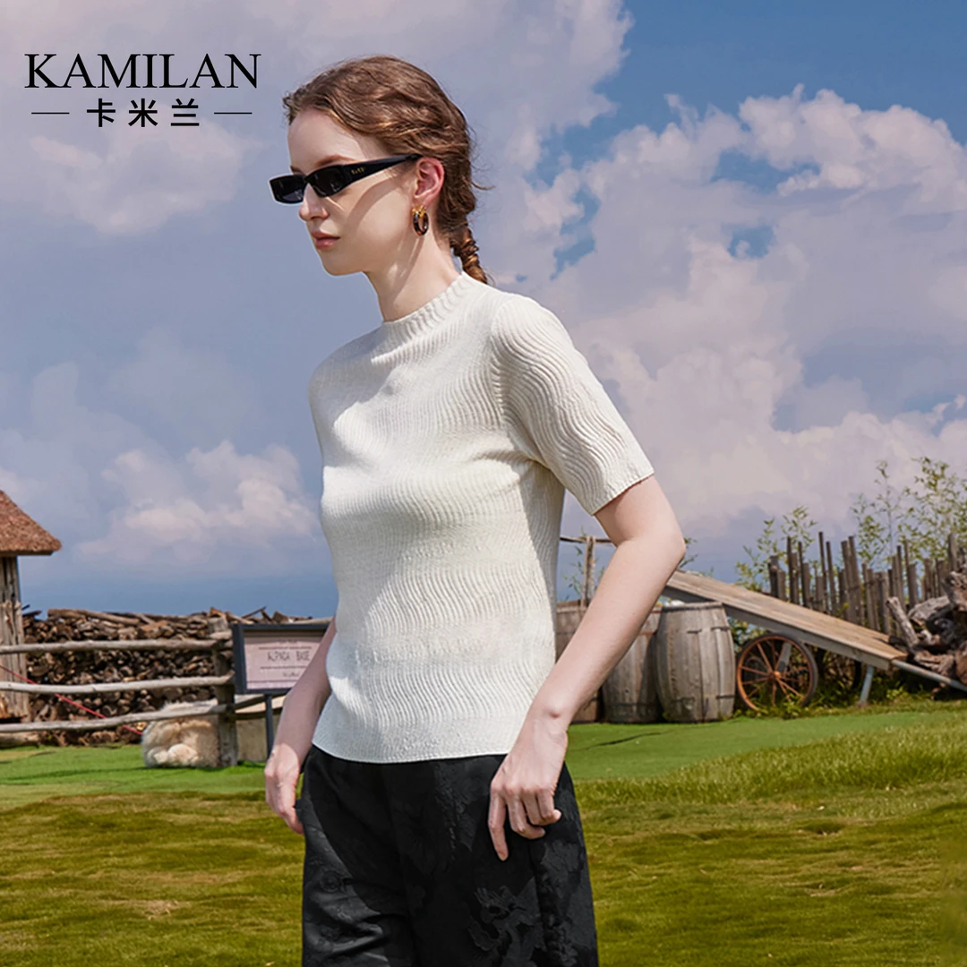 卡米兰短袖修身女士毛针织衫2025秋季新款时尚流行针织t恤上衣