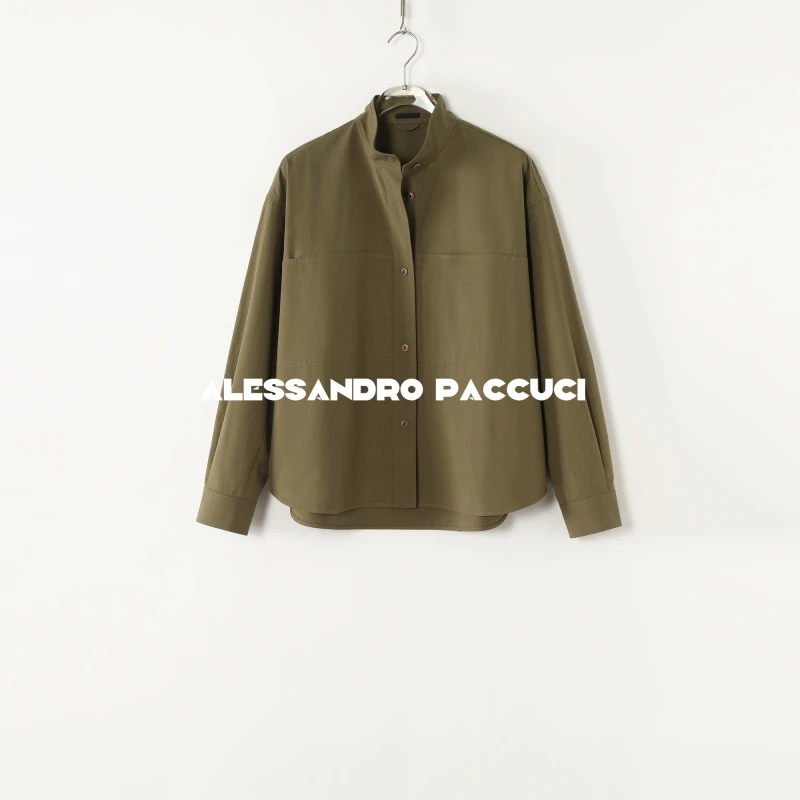 AP洛哥51043HC【橄榄树】纯棉绿色小立领多口袋时尚休闲长袖衬衫