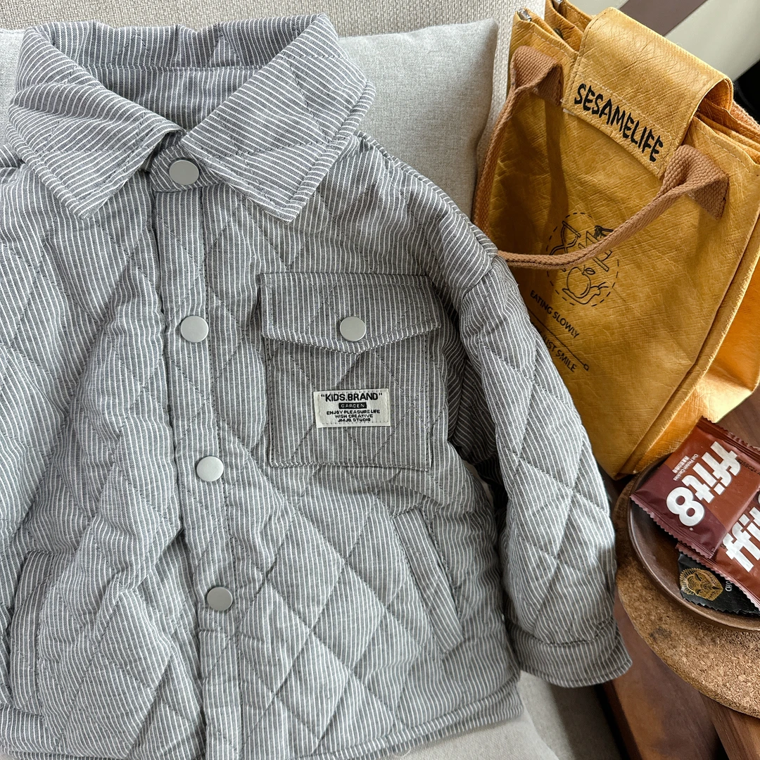 [JMJQ 20777】深秋冬季中小童韩版休闲立领条纹绗棉外套