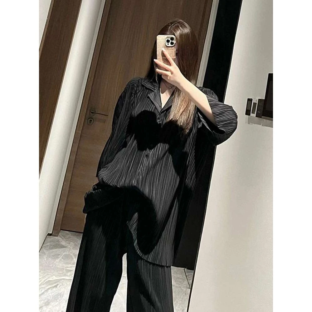 FAVMARTHA大码200斤高级感黑色冰丝睡衣女春秋季2025年新款秋天七