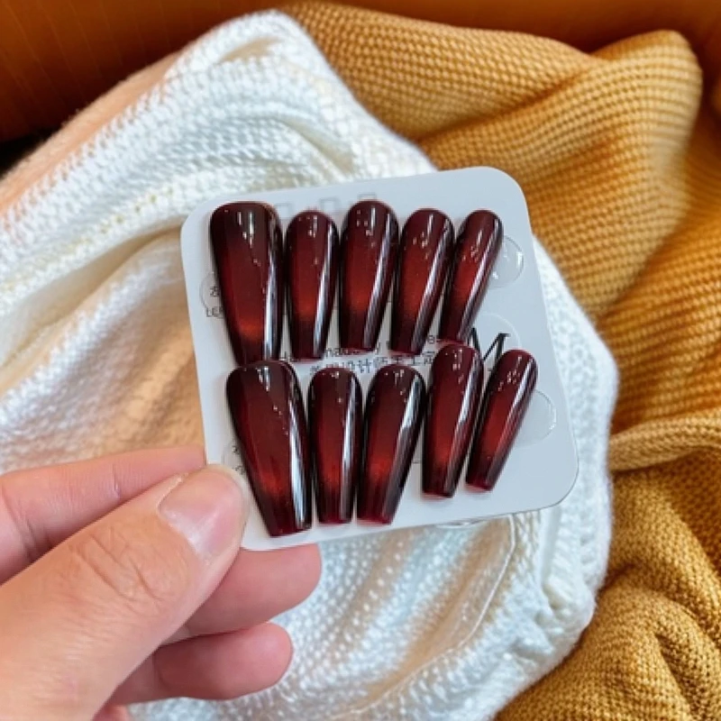 冰透美甲新款时尚甲片酒红色简约设计镜面穿戴式中长甲指甲贴渐变