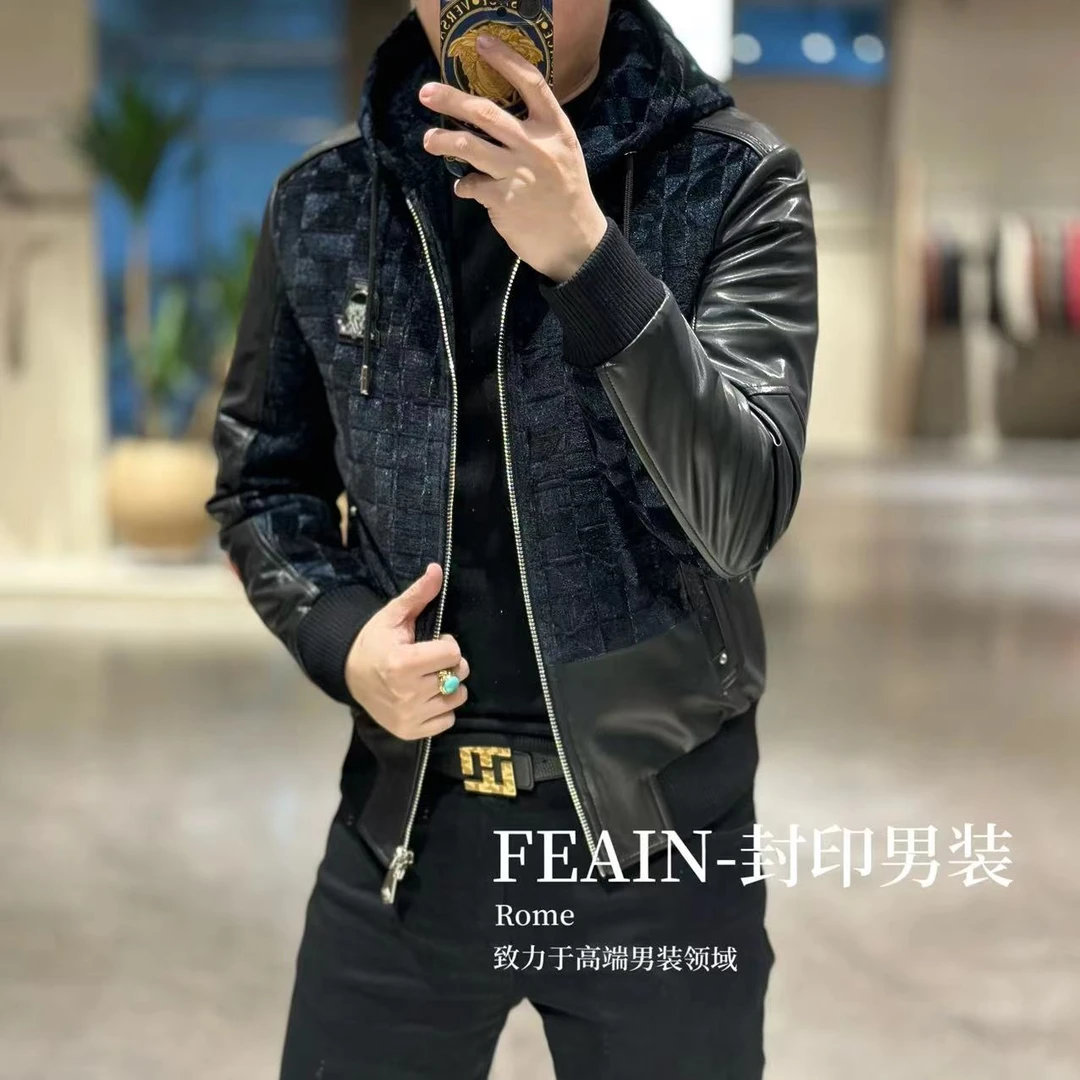 【乔治·雷迪尼】高端定制真皮拼接连帽男士羽绒服253672