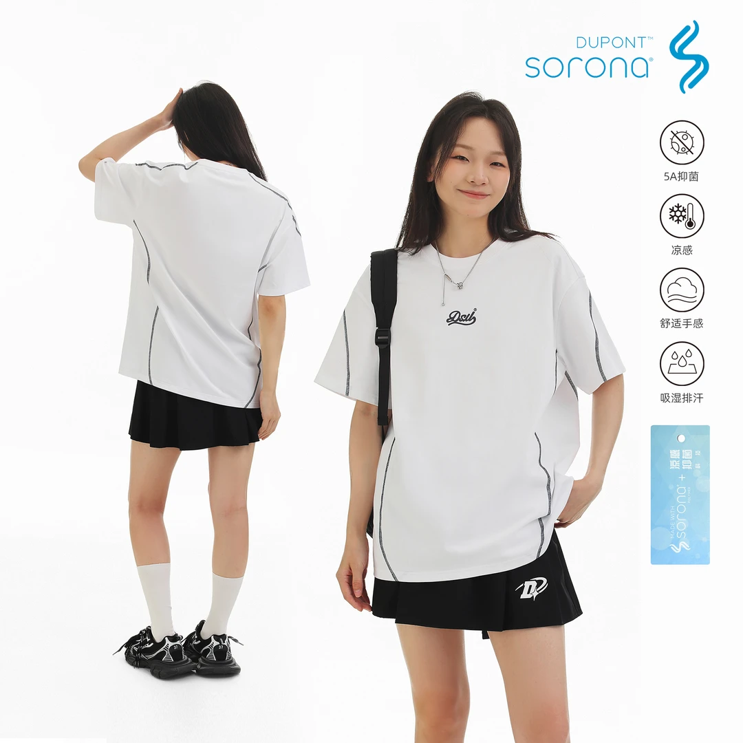 DESSUU 夏季新款Sorona凉感抑菌短袖女哈苏线条结构圆领宽松T恤