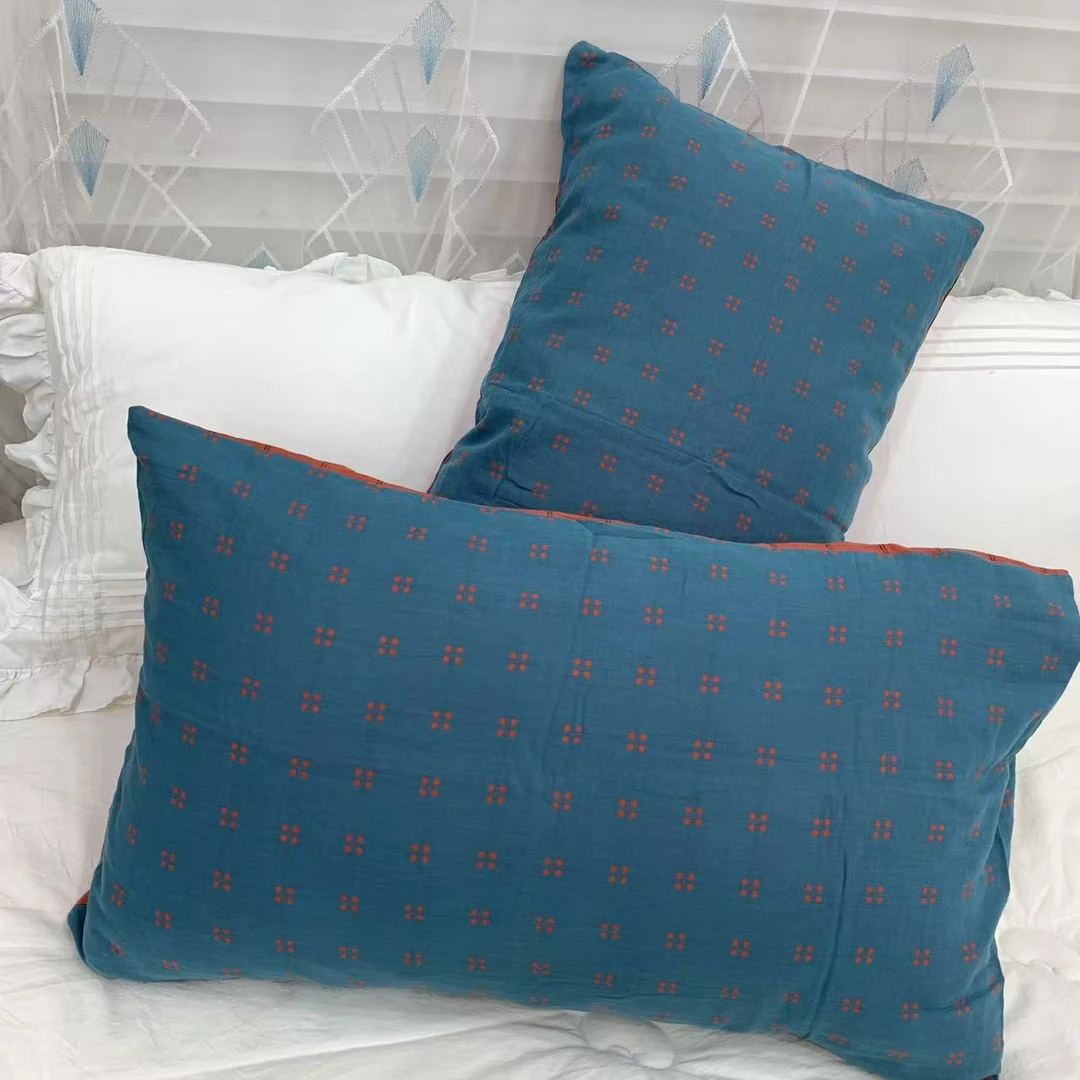 【五福-蓝】全棉色织双层纱枕套一对48X74