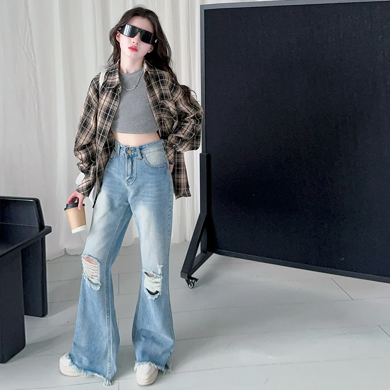 女童套装港风格子衬衫开衫显瘦破洞牛仔喇叭裤中大童春季新款2025
