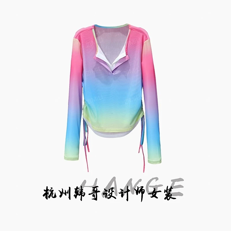【韩哥女装】2025彩虹层次感上衣收腰双层领彩虹扎染上衣3612