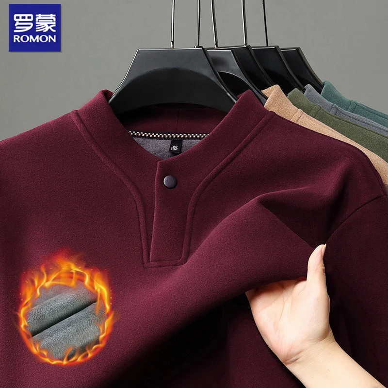 罗蒙【加绒加厚】商务爸爸装气质纽扣卫衣男秋冬季新款德绒体恤衫潮