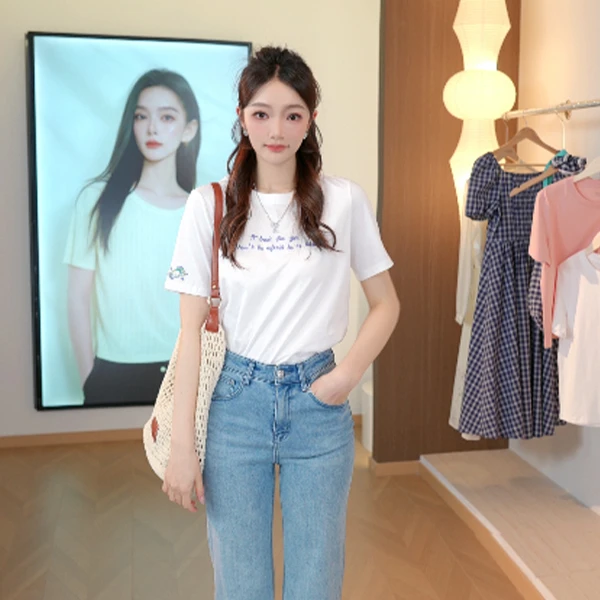 【欧若智性风】茵曼夏季女短袖上衣圆领女装短袖显瘦新款薄款宽松