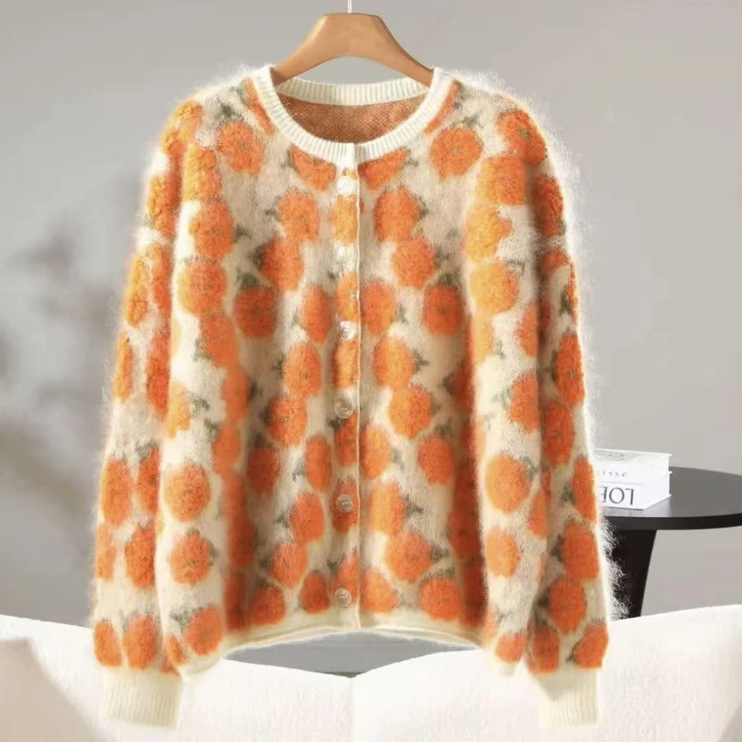 秋冬重工加厚山羊绒拉绒圆领领针织衫开衫女式休闲外套